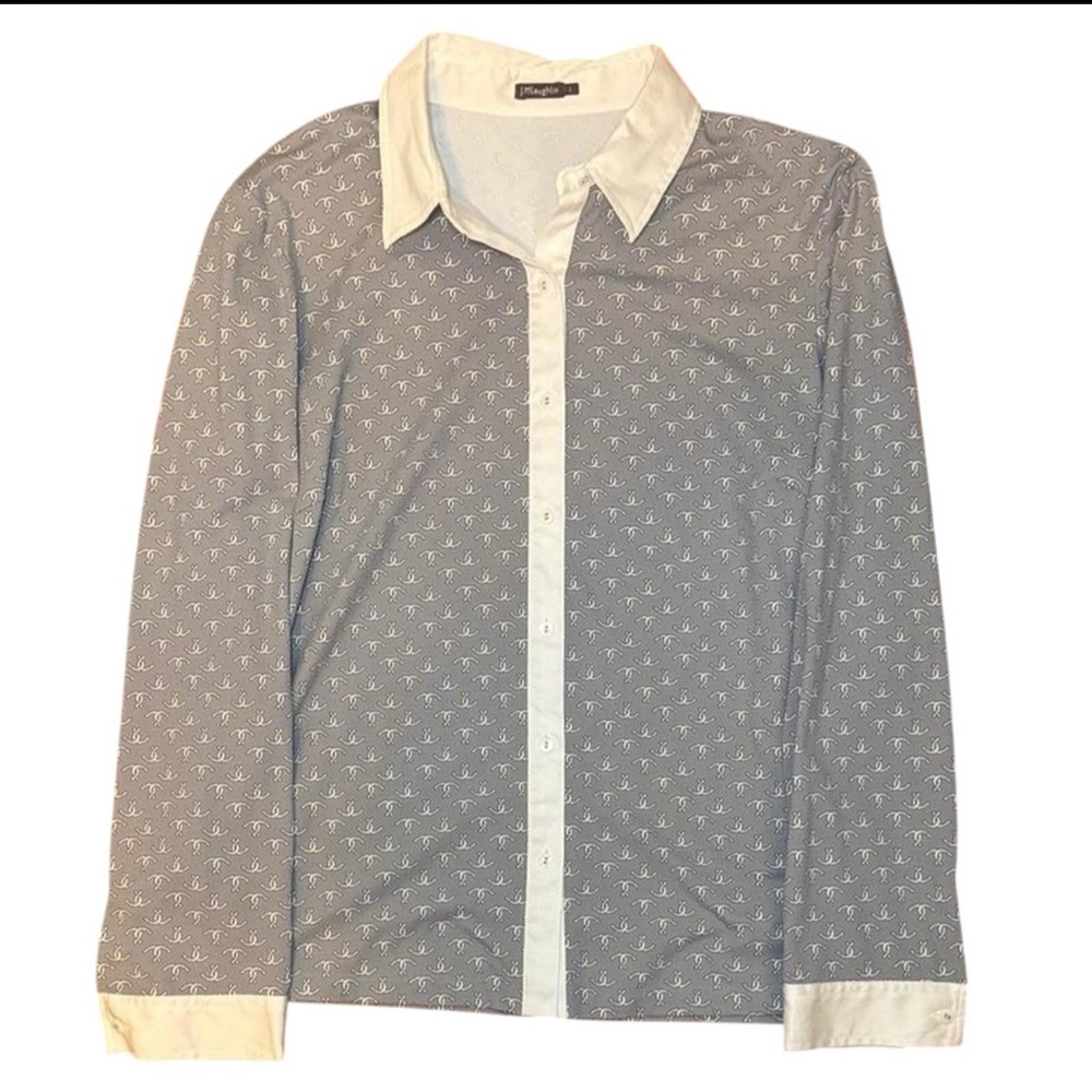 J Mclaughlin Women’s Office Chic Grey Button-Down Horseshoe Print Blouse — LARGE - Picture 3 of 7